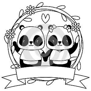 cute couple panda animals wreath flowers