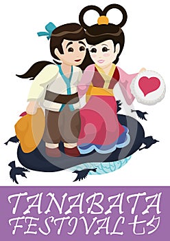 Cute Couple Poster for Tanabata Festival, Vector Illustration