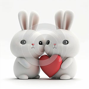 Cute couple rabbit are holding red heart Valentine`s Day