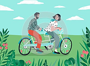 Cute couple riding on tandem bike at nature landscape vector flat illustration. Enamored man and woman enjoying physical