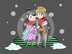 Cute couple sharing their warmth in romantic winte photo