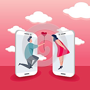 Cute couple with smartphone concept of online dating vector illustration