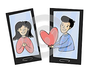 Cute couple with smartphone online Dating concept, white background, illustration