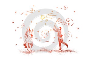 Cute couple standing together, man catching stars with net, true romantic love artwork, girl pointing at star with her finger