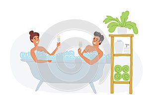 Cute couple taking bubble bath, holding glasses