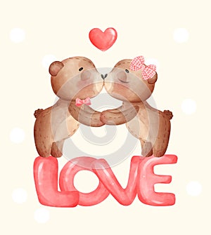 Cute couple teddy bear dolls kissing and holding hand together on shiny LOVE letter, adorable cartoon watercolor hand drawn vector