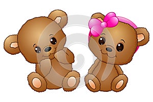 Cute couple with a teddy bear wearing a pink bow