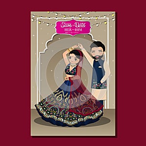 Cute couple in traditional indian dress cartoon character.Romantic wedding invitation card