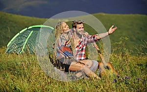 Cute couple. western camping. hiking. couple in love spend free time together. country music. romantic date. friendship