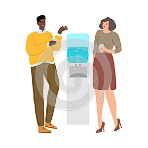 Cute couple of young man and woman drinking water from the cooler. Vector illustration in cartoon style.