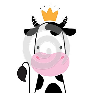 Cute Cow as Farm Animal Wearing Gold Crown Vector Illustration