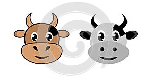 Cute cow and bull faces. Cartoon animals isolated on white background. Vector illustration set.