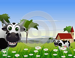 Cute cow cartoon with landscape background