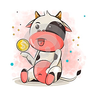 cute cow cartoon and money, coin vector illustration