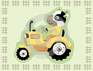 Cute cow cartoon on yellow tractor