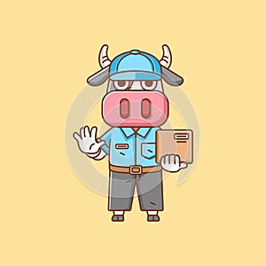Cute cow courier package delivery animal chibi character mascot icon flat line art style illustration concept cartoon