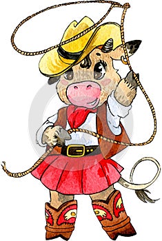 Cute cow cowboy with lasso. Cartoon style. Watercolor work, handmade