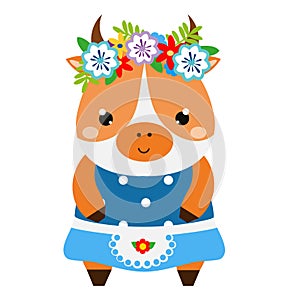 Cute cow in dress and flower wreath. Cartoon kawaii animal character. Vector illustration for kids and babies fashion