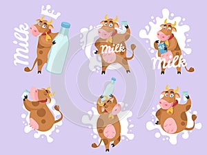 Cute cow, farm animal, mascot cartoon character set, flat vector isolated illustration.