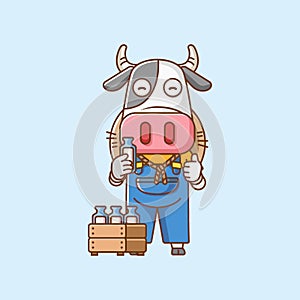 Cute cow farmers harvest fruit and vegetables cartoon animal character mascot icon flat style illustration concept
