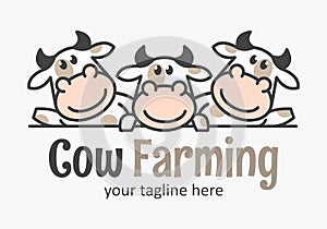 Cute cow farming logo with three funny calfs. Market cow icon. Farmer sign photo