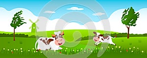 Cute cow and funny calf graze on green grass on a background of rural summer landscape, farm