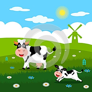 Cute cow and funny calves graze on green grass on the background of a rural summer landscape, farm and mills. Flat vector