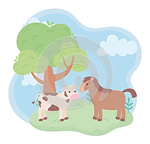 Cute cow and horse tree meadow cartoon animals in a natural landscape