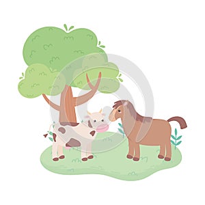 Cute cow and horse tree meadow cartoon animals in a natural landscape