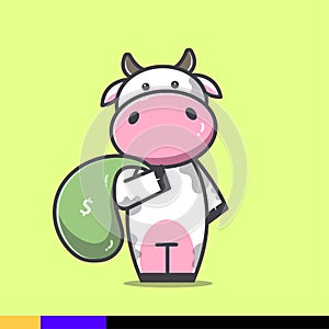 Cute cow illustration carrying money in a sack