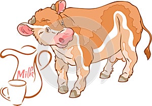 Cute cow and jug of milk