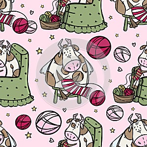 CUTE COW KNITS A NEW YEAR SCARF Hygge Seamless Pattern Vector