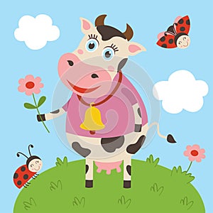 Cute cow and ladybug on meadow