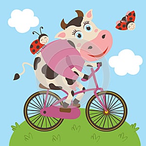 Cute cow and ladybug rides bicycle