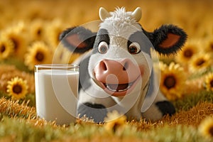 A cute cow lying down and a glass of milk next to it. 3d illustration