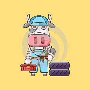 Cute cow mechanic with tool at workshop cartoon animal character mascot icon flat style illustration concept