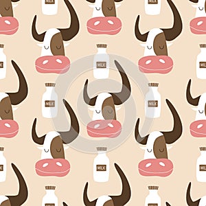 Cute cow with milk bottle hand drawn vector illustration. Funny baby character in flat style. Animal seamless pattern for kids.
