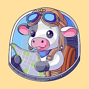 A cute cow pilots a plane and reads maps