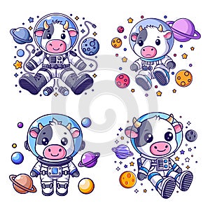 A cute cow wearing an astronaut suit is in an outer space set