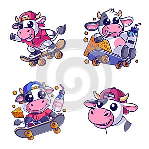 Cute cow wearing a hat and playing skateboard set