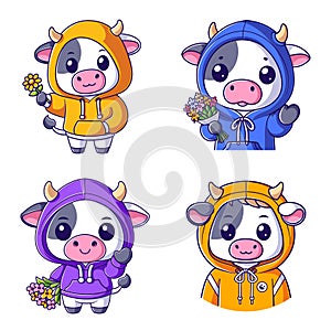 Cute cow wearing a hoodie and carrying flowers set