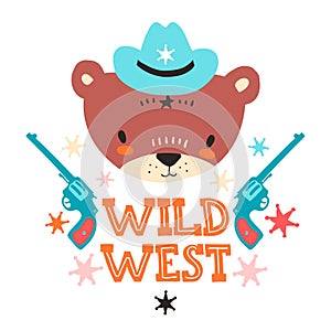 Cute cowboy baby bear. Hand drawn vector illustration. For kid`s or baby`s shirt design, fashion print design, graphic