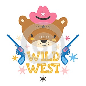 Cute cowboy baby bear. Hand drawn vector illustration. For kid`s or baby`s shirt design, fashion print design, graphic