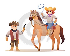 Cute cowboy holding gun and cowgirl holding lasso rope while riding horse