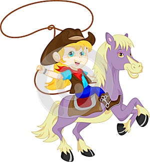 Cute Cowgirl rider on the horse throwing lasso