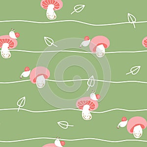 Cute and cozy autumn seamless pattern with mushrooms and snail.