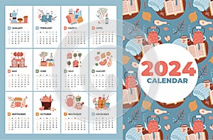 Cute and cozy 2024 calendar template with hand drawn four seasons elements. Week starting on Sunday. Ready to print
