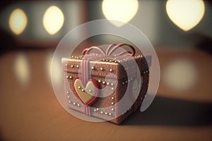 Cute and cozy gift box with ribbon. Gift box on shiny bokeh background.