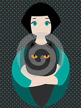 Cute and cozy illustration with girl hugging a black cat