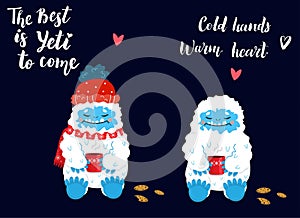 Cute and cozy snow yeti drinking coffee or tea vector set. The Best is Yeti to come. Happy cartoon yeti with red winter hat and
